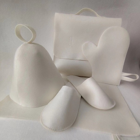 KIT SAUNA CAPPELLO MANIGLIA SEDUTA BORSA CLAPS BIANCO SET 5in1